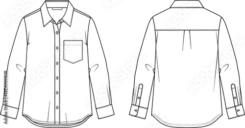 Men shirt technical drawing long sleeve button down apparel fashion flat sketch garment design template front back illustration vector