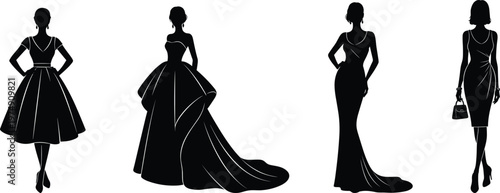 Elegant women silhouettes fashion dresses evening gowns style luxury female figures illustration isolated black design modern beauty collection set graphic