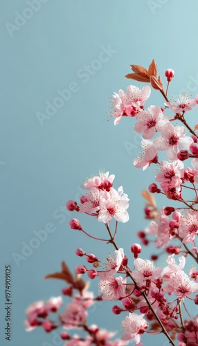 Vertical Spring Greeting Card Layout with Fresh Cherry Blossom Branches and Sky Blue Gradient