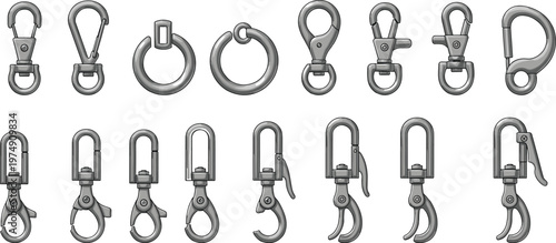 metal snap hooks set, carabiner clips collection, swivel clasp hardware, bag accessories, keychain hooks, industrial fasteners, vector illustration pack