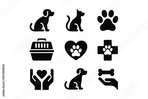 A collection of black silhouette icons depicting pets care items and veterinary symbols high quality professional