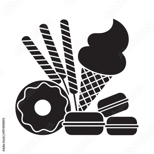 Black and white illustration of various sweet treats and desserts