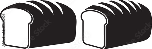 Two black and white icons of freshly baked loaves of bread with visible slices representing bakery goods and staple food whole wheat breakfast ingredient nutrition delicious illustration