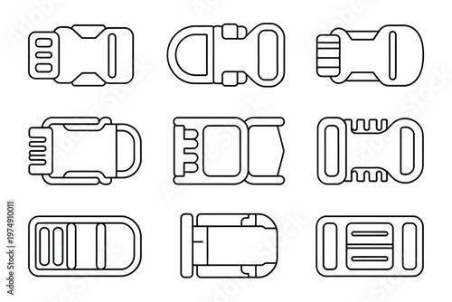 Linear depictions of various plastic side release buckles illustrative of fastening systems high quality professional detailed