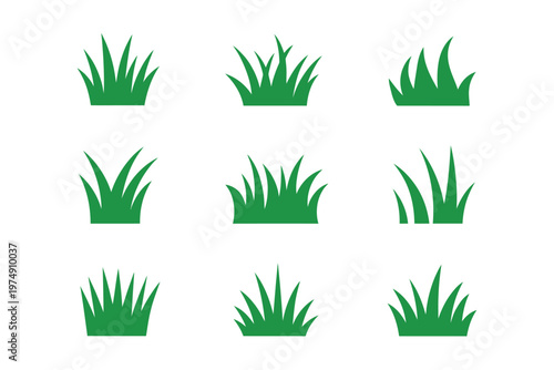 A collection of nine green grass tufts arranged in a symmetrical grid like pattern on white