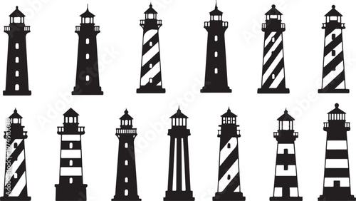 Collection of various lighthouse silhouettes in black and white