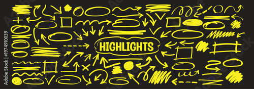 Dynamic highlight and marker show arrow and line highlight and marker energize design. arrow and line move on paper around circle shape pen underline