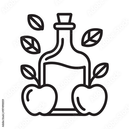 Line art illustration of an olive oil bottle with apples and leaves