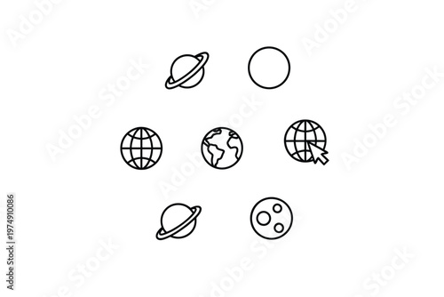 Line art illustration depicting various celestial bodies including planets moons and a globe high quality professional