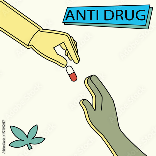 Anti drug vector graphic with hands exchanging pill and cannabis leaf for awareness campaign
