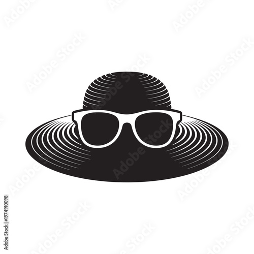 Black and white illustration of a hat and sunglasses silhouette