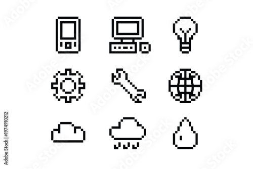 Pixelated icons depict technology innovation and connectivity featuring devices and abstract concepts high quality professional detailed