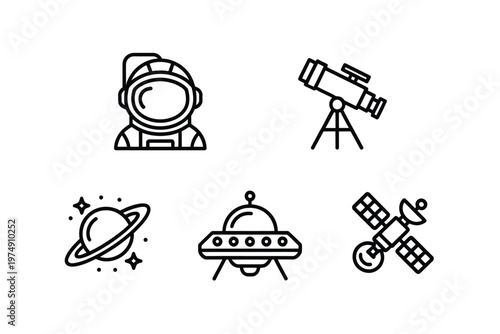 A collection of linear space exploration icons featuring astronauts planets and spacecraft high quality professional detailed