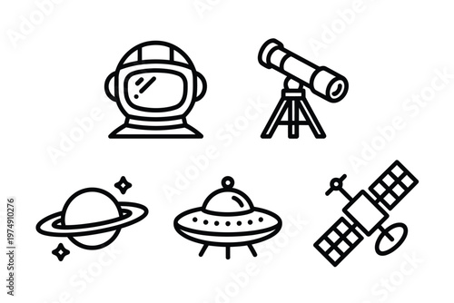 A linear collection of space exploration icons including an astronaut helmet telescope and satellite high quality