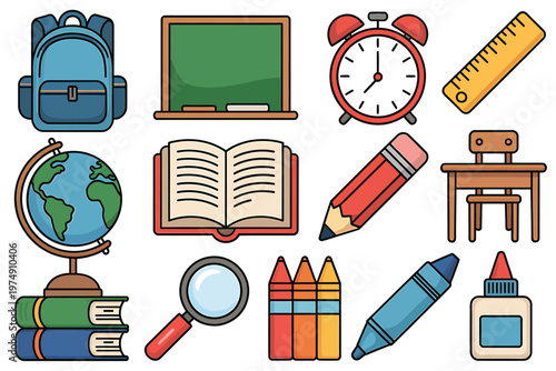 A colorful collection of school supplies and educational tools are neatly arranged on a white background