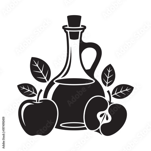 Black and white illustration of a bottle with apples and leaves