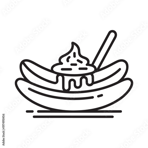 Split banana with a dollop of cream and a spoon line art
