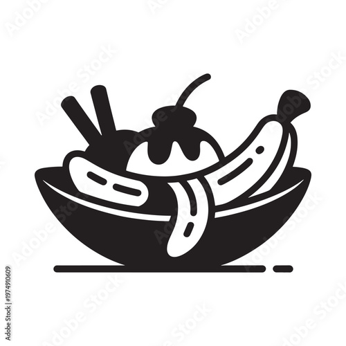 A black and white illustration of a banana split in a bowl
