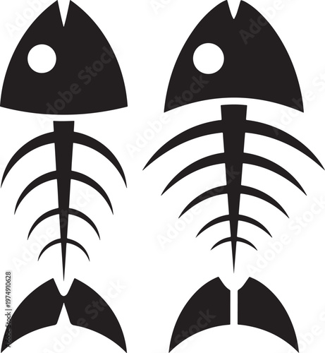 Two fish skeletons with bones head tail marine biology and fishing concept vector icons white background skeleton underwater afterlife fossilized prehistoric restaurant silhouette isolated