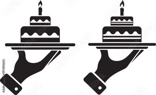 Hand holding a serving tray with a two-tiered birthday cake and a lit candle celebration icon white background birthday celebration confectionery occasion anniversary surprise catering