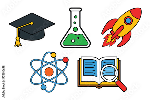 Colorful cartoon icons representing education science and learning including a graduation cap and rocket high quality