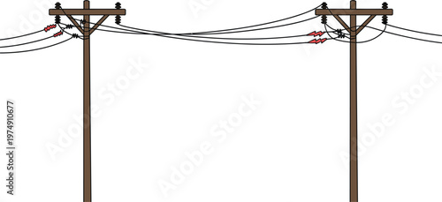 Electric utility poles with wires sparks, damaged power lines infrastructure isolated vector electricity hazard illustration