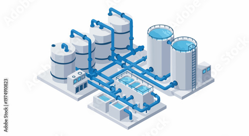 Isometric Industrial Water Treatment Plant and Purification Facility with Storage Tanks and Pipes Isolated on White Background