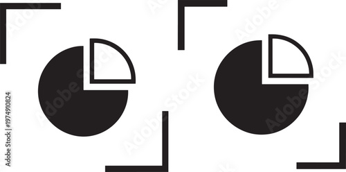 Two monochrome pie chart icons with missing segment and focus brackets representing data analysis and statistics analysis statistics business presentation progress percentage information