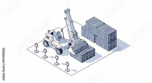 Isometric Reach Stacker Moving Shipping Containers in a Port Terminal; Industrial Logistics and Supply Chain Vector Illustration