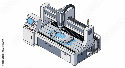 Industrial CNC Milling Machine Isometric Illustration - Automated Precision Metalworking and Manufacturing Equipment