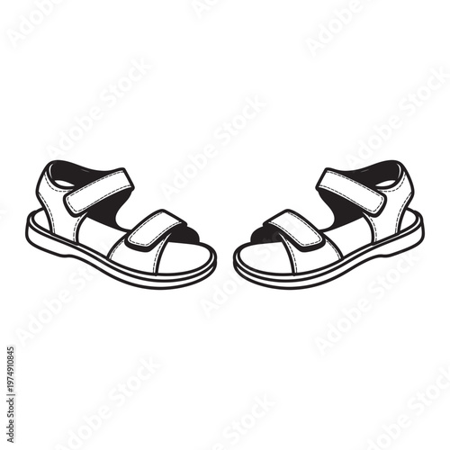 A pair of black and white illustrated summer sandals on a white background