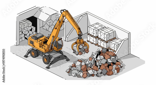 Isometric Industrial Material Handler Illustration in Scrap Yard and Recycling Facility with Grapple Claw