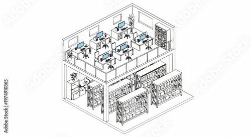 Isometric Line Art Illustration of a Small Business Integrated Office and Warehouse Workspace with Storage Shelves and Workstations