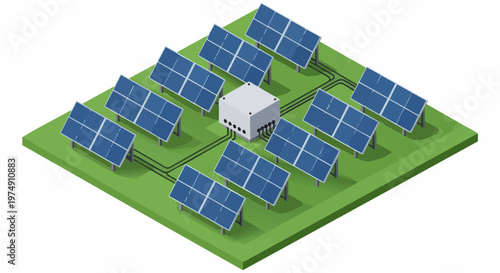 Isometric Solar Panel Array with Central Inverter Station on Green Field. Clean Energy and Renewable Power Generation Concept Vector Illustration.