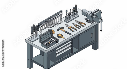 Isometric Workbench Illustration with Professional Hand Tools, Wrenches, Pliers, Vise, and Hammer in Workshop Setting
