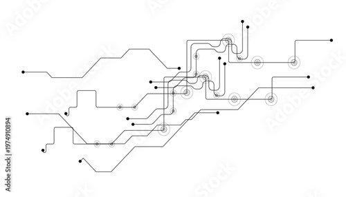 Complex electronic circuit board pattern with multiple circular nodes and intersecting lines on black background