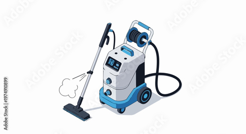 Isometric Professional Industrial Steam Cleaner Machine Illustration for Commercial Cleaning Services and Sanitation Equipment Vector Design