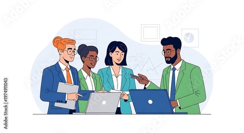 Diverse business team collaborating on laptops, vector illustration