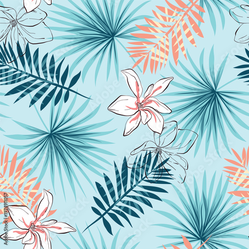 Tropical foliar vector seamless pattern. Exotic floral illustration. Colorful leaves and jungle plants. Minimalist and fashionable foliage tileable background