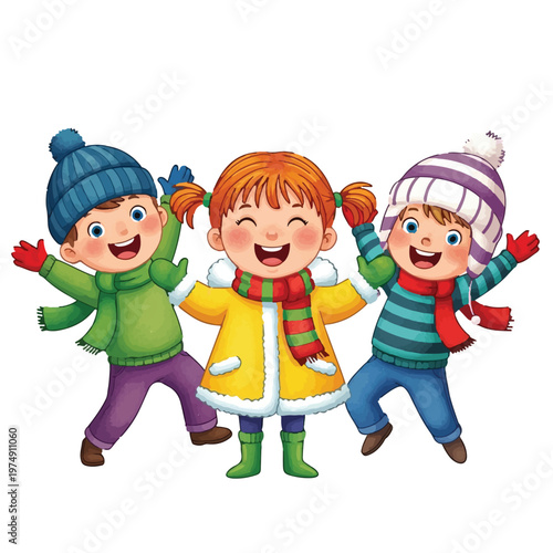 Children Winter Joyful Friends Activity Season