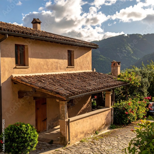 A sun-drenched two-story building features a tiled roof porch, chimney, and wooden door, set against a hilly background