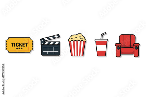 A colorful row of icons depicts elements associated with a movie theater experience high quality professional