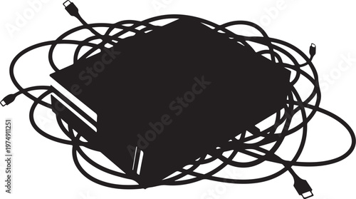 Tangled electronic device cables, black cords, wire mess, vector illustration, technology background
