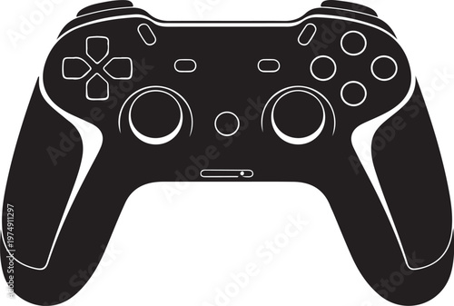 Black gaming controller, video game remote, console joystick, controller illustration