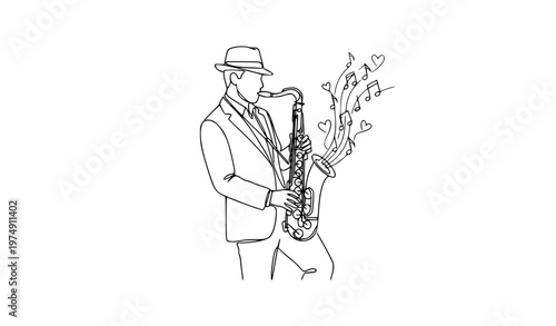 Continuous line drawing of jazz saxophone player with musical notes and hearts minimalist vector illustration