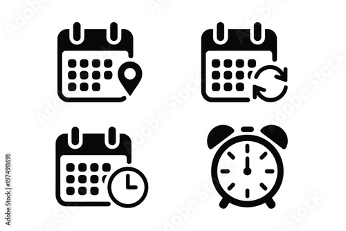 Black and white icons depict calendars with location pins clocks and an alarm clock high quality