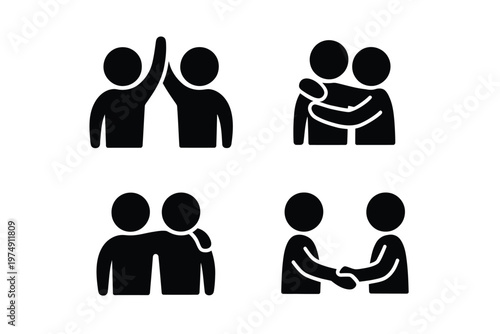 Simple black silhouettes depict various forms of human connection and interaction showing love and support