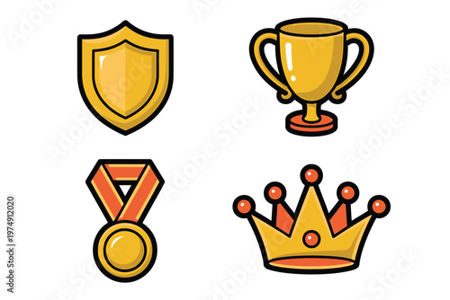 A vibrant cartoon illustration depicts a shield trophy medal and crown symbolizing achievement high quality professional