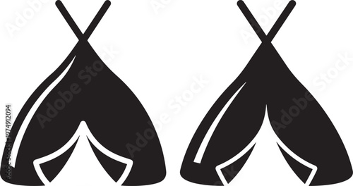 Black and white icon illustration of two teepee tents for camping or outdoor shelter and traditional dwelling with illustration traditional dwelling adventure wilderness indigenous historic