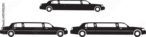 Set of three black silhouette icons depicting luxury stretch limousines for premium transportation and executive travel with limousine transport silhouette illustration corporate executive